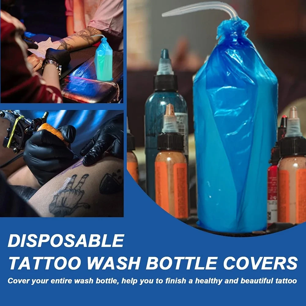 250PCS Disposable Tattoo Wash Bottle Bags Tattoo Squeeze Bottle Cover Sleeves Plastic Wash Bottle Barrier Tattoo Cleaner Supply