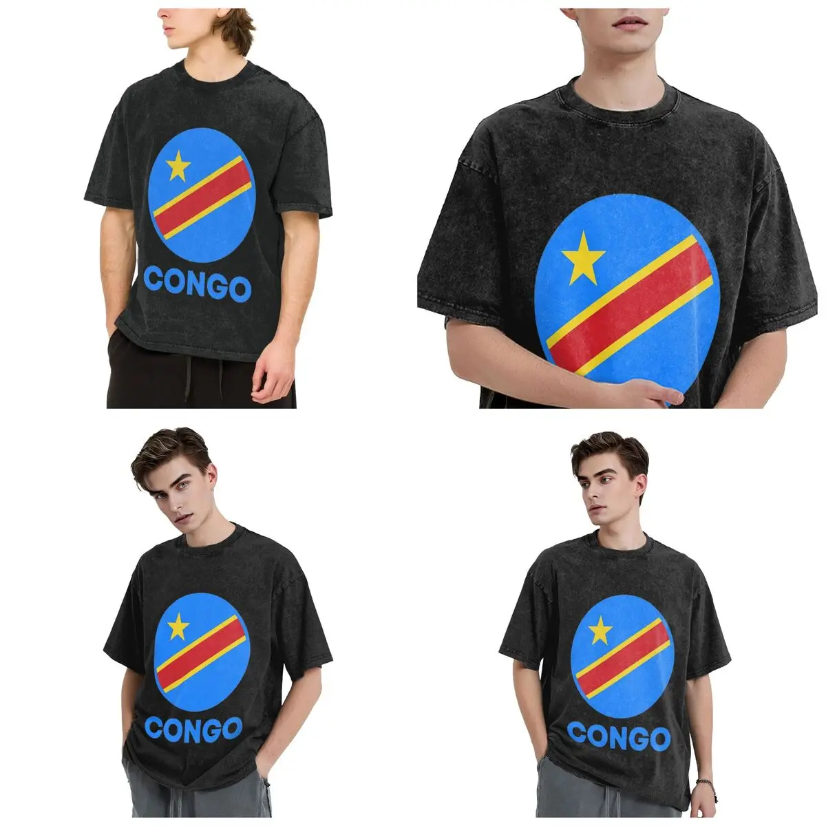 Flag Of Congo Kinshasa Flag Of Zaire Hip Hop Short Sleeve T-Shirts Washed Tops Tees Streetwear T Shirt Casual for Men woman
