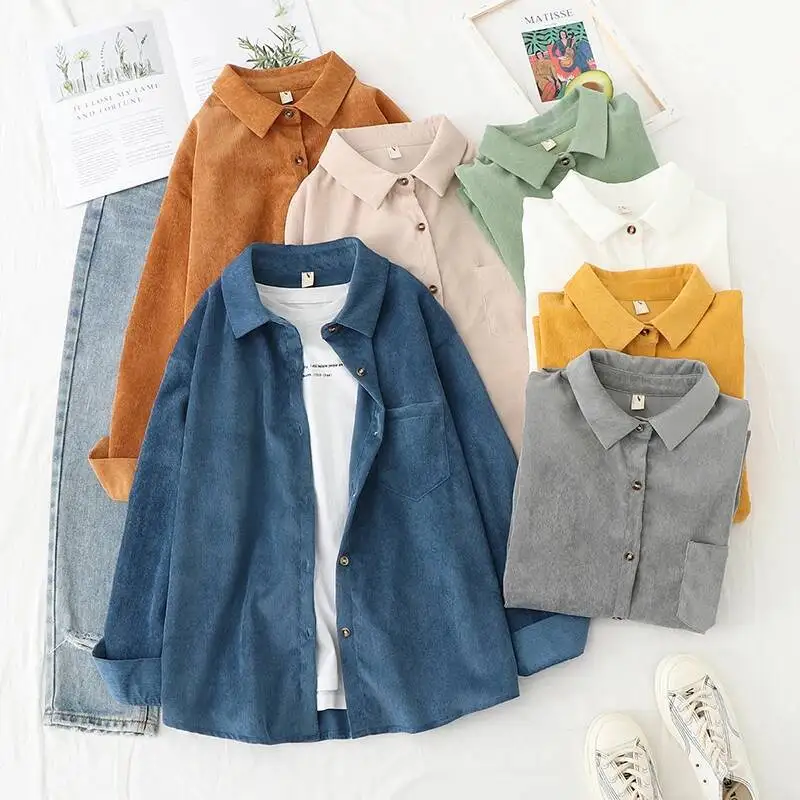 

Corduroy Women Shirts Tunic Womens Tops And Blouses 2024 Womenswear Long Sleeve Clothing Button Up Down Loose White New