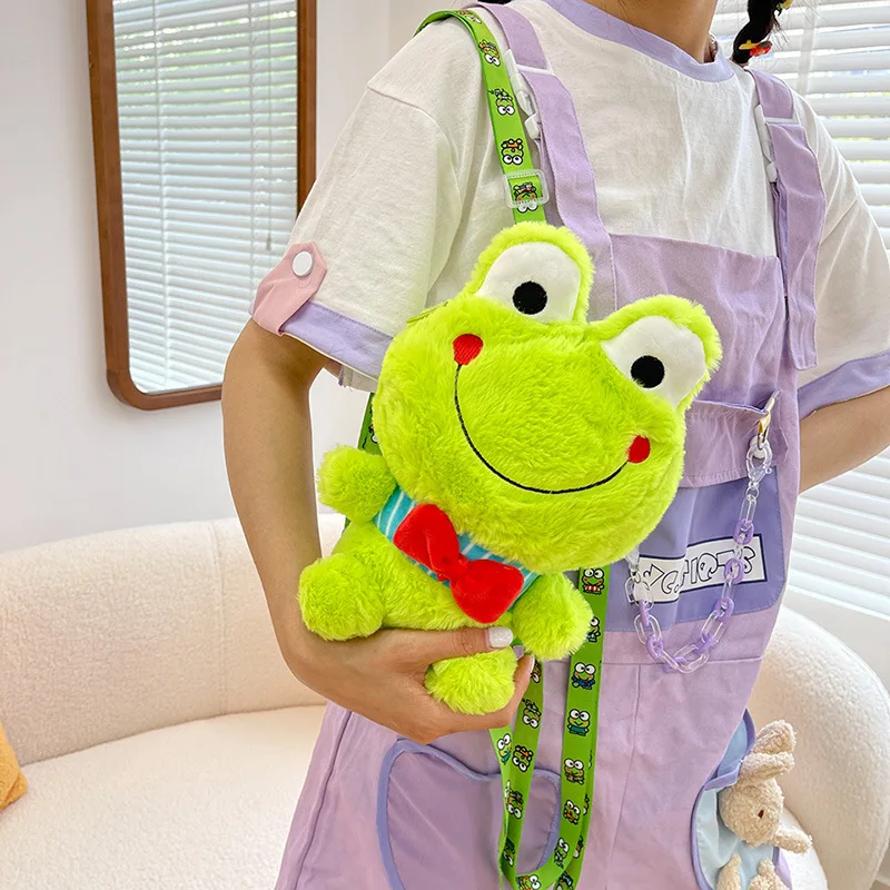 Kawai Sanrio Keroppi Plush Toy Cartoon Green Frog Backpack Shoulder Bag Cute Coin Purse Pp Cotton Stuffed Plush Bag Holiday Gift