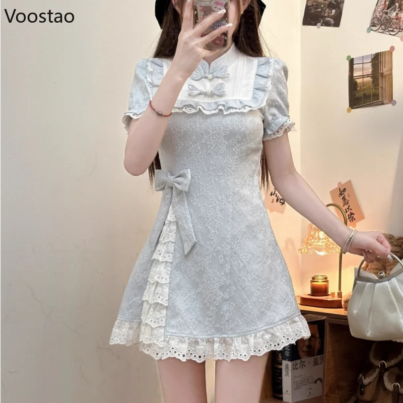 Blue Sweet New Chinese Style Lolita Mini Dress Women Elegant Vintage Bow Lace Ruffles Party Dresses Female Casual Slim Cheongsam