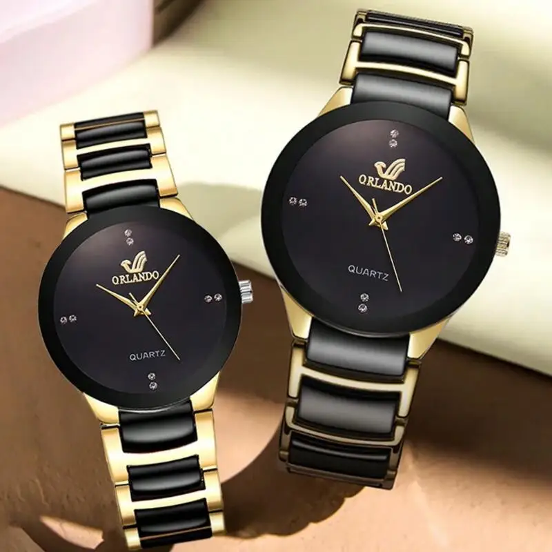 Classic Men Women Lover's Watches Fashion Stainless Steel Luxury Exquisite Clock Gold Black Quartz Wristwatch Hot Sale Relojes