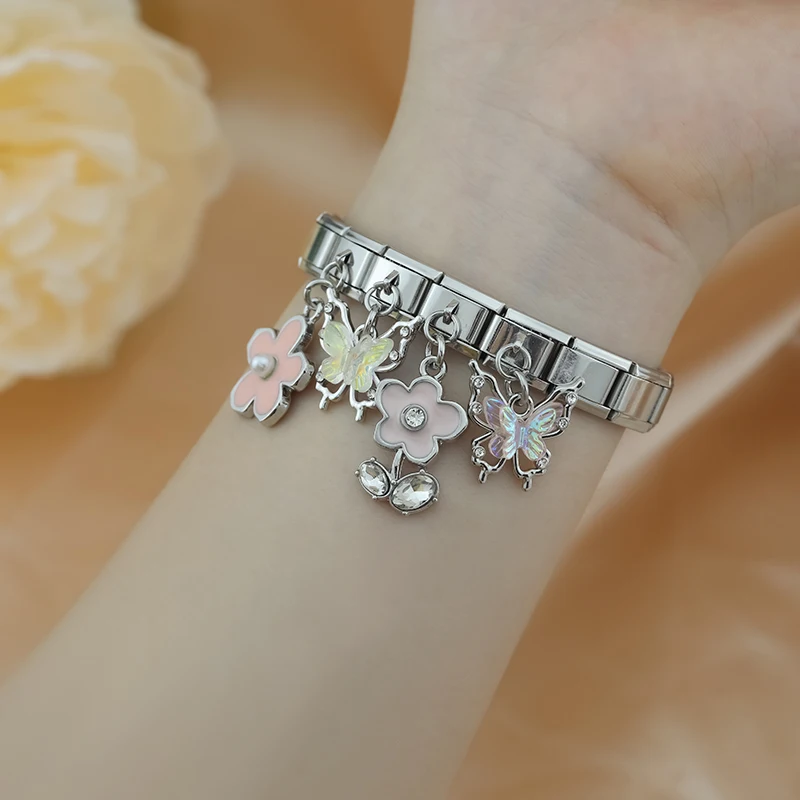 Hapiship 2024 Italian Charms Links Fit 9mm Stainless Steel Bracelet New Fashion Women\'s Gift Butterfly Flower DIY Jewelry DJ1251