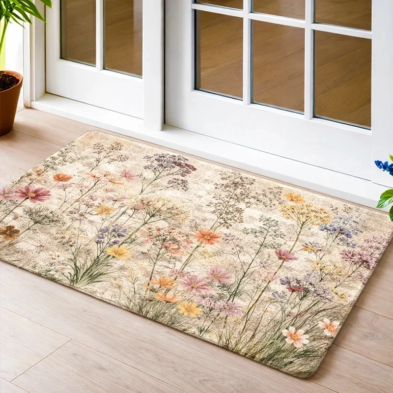 Bohemian Wildflower Floral Meadow Pattern Rectangular Area Rug Boho Chic Cottage Style Neutral Beige Living Room Decor Runner Ma