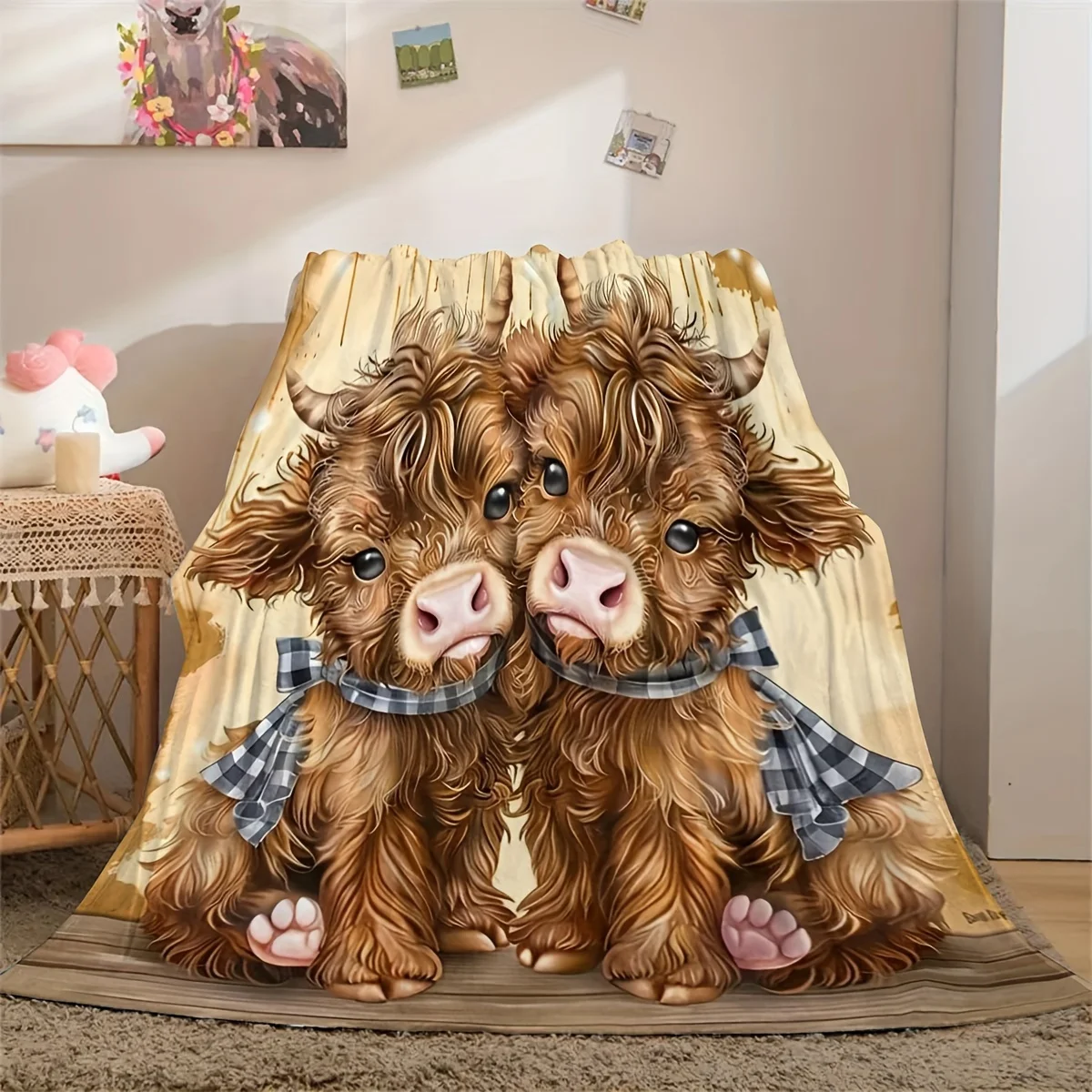 

Charming Highland Cow Print Blanket, Sofa Air Conditioning Blanket, Soft and Comfortable,for Room Car, Office, Hiking,