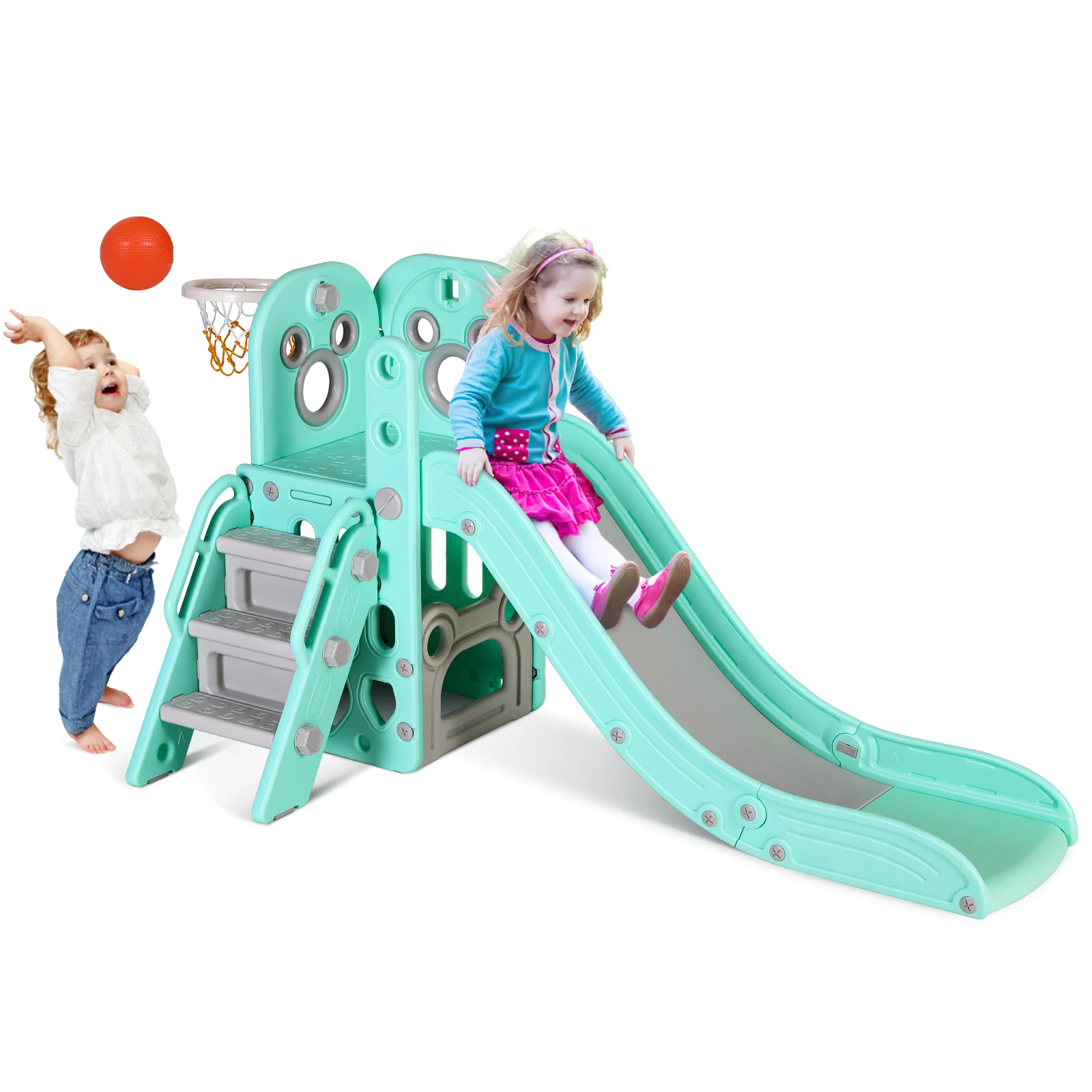 Tobogán para niños, tobogán escalador para interiores y exteriores, tobogán con aro de baloncesto y espacio de almacenamiento para niños, juguete de jardín y patio trasero