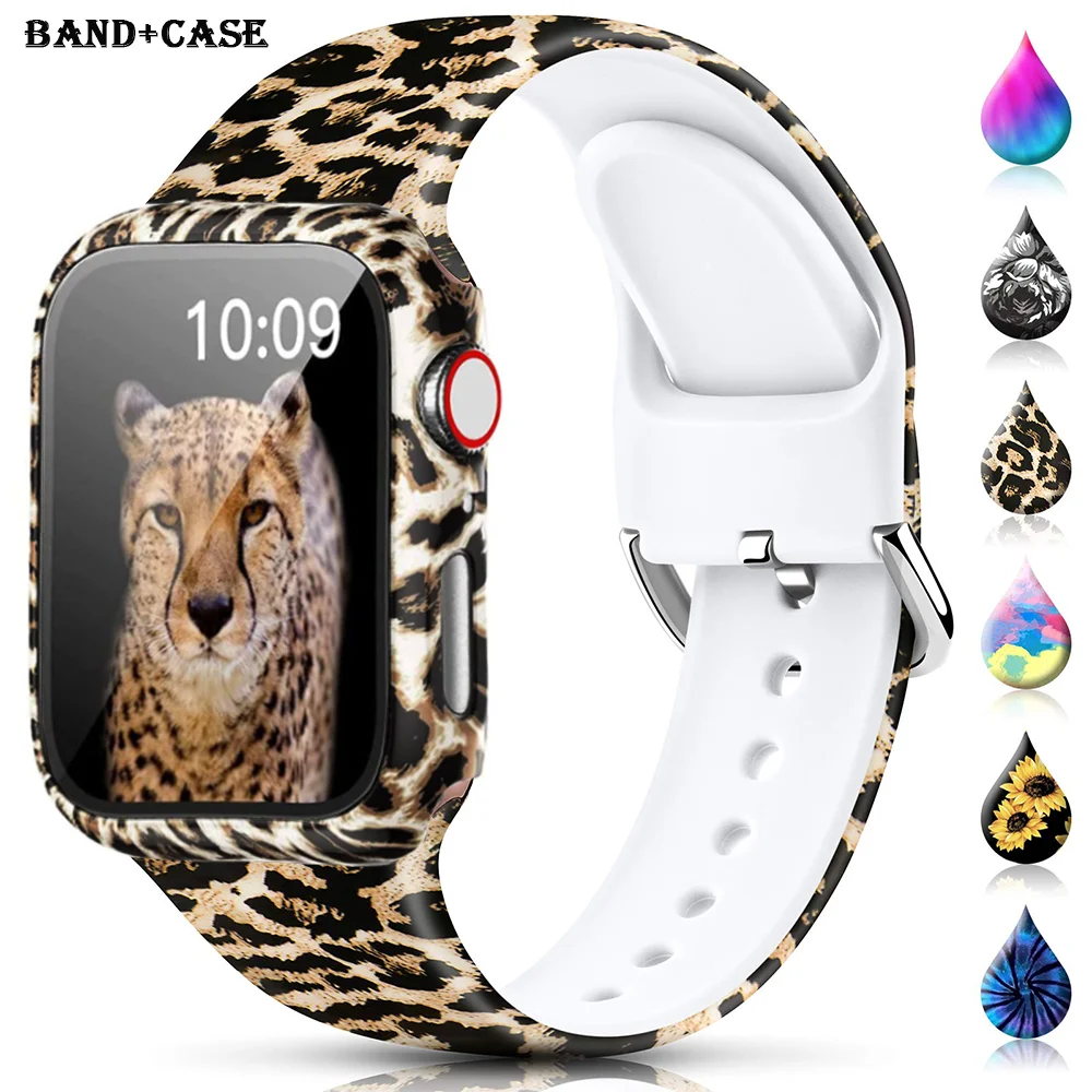 Glass+Case+Strap for Apple Watch Band 44mm 40mm 41mm 45mm 42mm 38mm sport printed Silicone bracelet iwatch series 8 7 6 5 4 3 SE