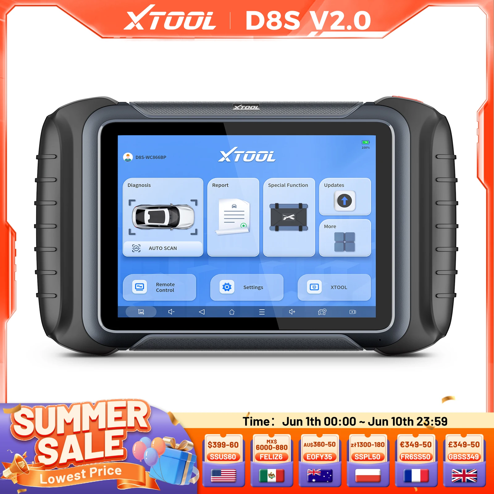 XTOOL D8S V2.0 Narzędzie Diagnostyczne Samochodowe Online Kodowanie ECU Mapa Topologii Programowanie Kluczy Skaner Samochodowy z 42+ Resetami FCA CAN FD
