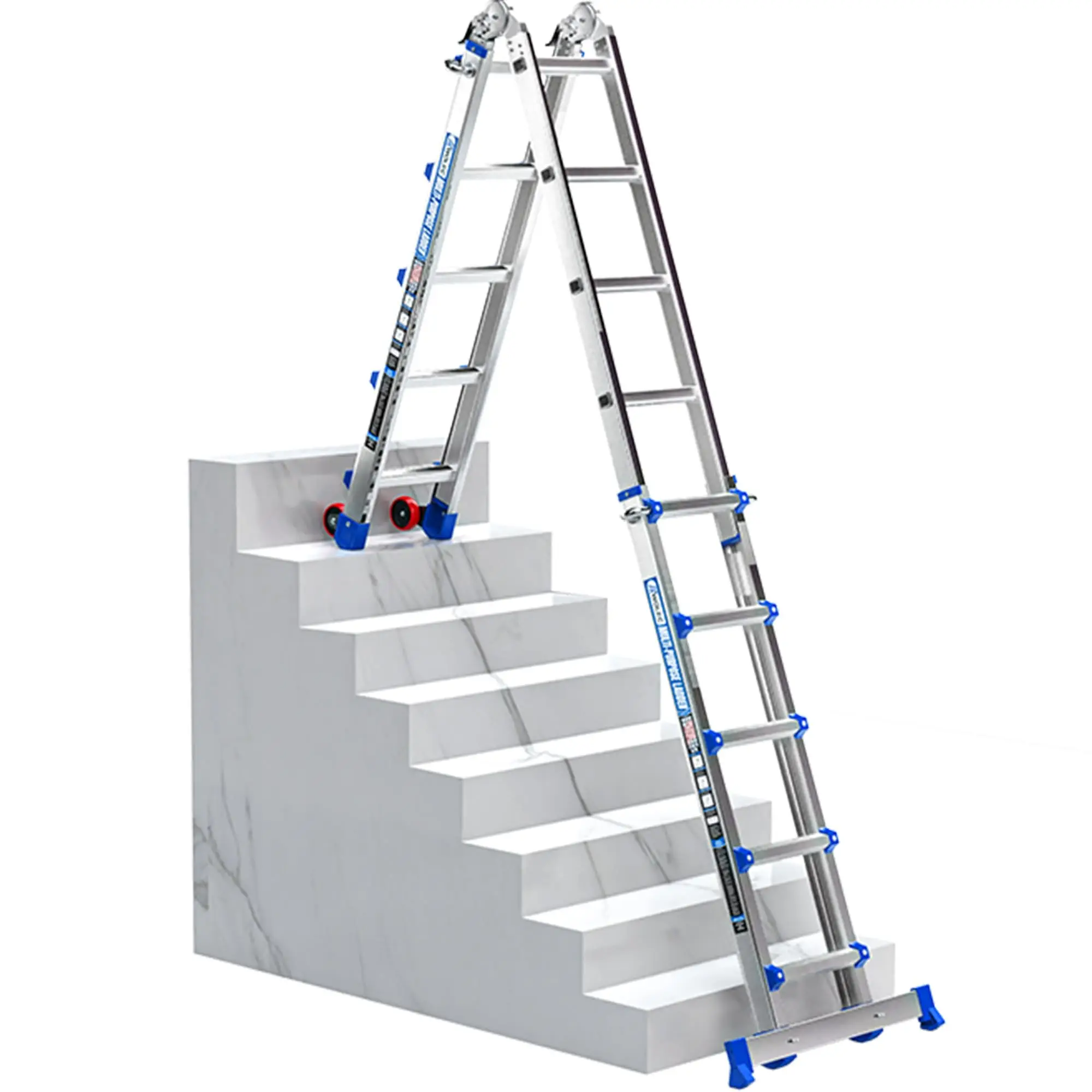 Ladder, Multi-Position Telescoping Ladder with Wheels, 17 FT, Blue | 5-in-1 modes, aluminum alloy frame, locking