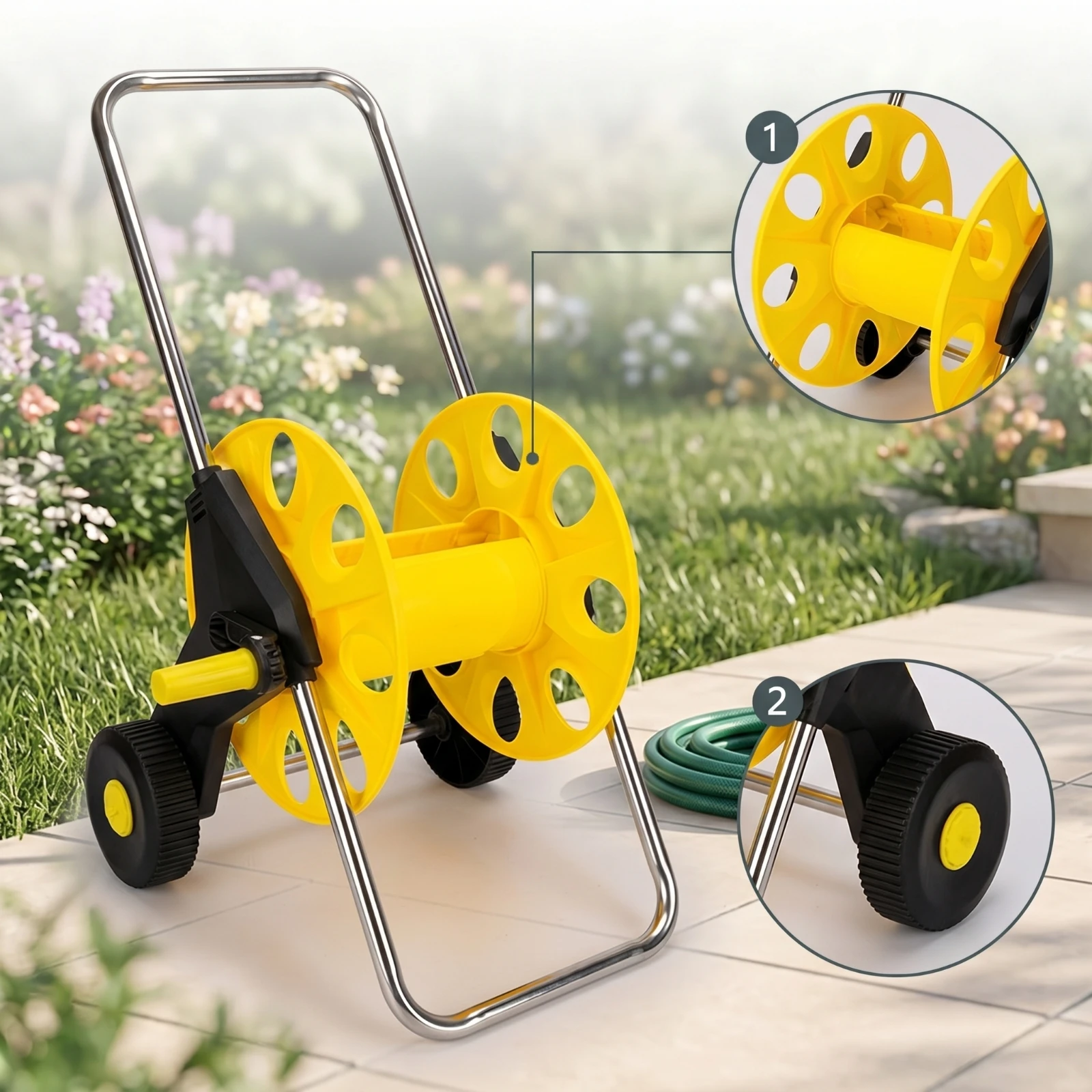 Garden Hose Reel Cart Mobile Hose Reel Cart with Wheels Freestanding Weather Resistant for Gardeners, Yard, Car Washing