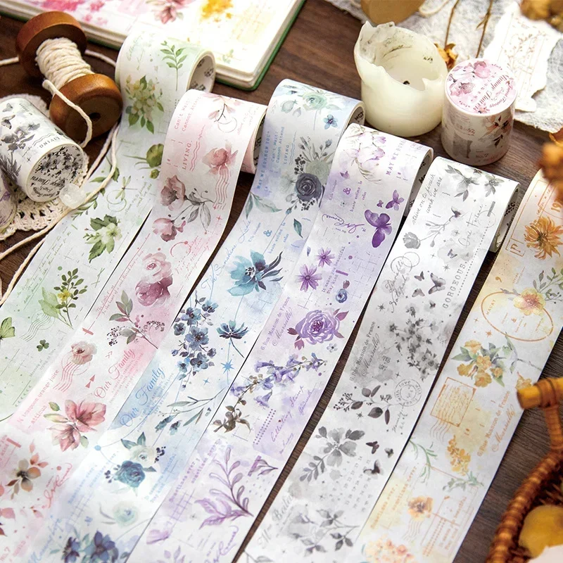 1Roll 45mm*2M Tapes Fresh Floral Flowers Verses Spring Hill Painting Crafts Round Stickers Adhesives Background Scrapbook