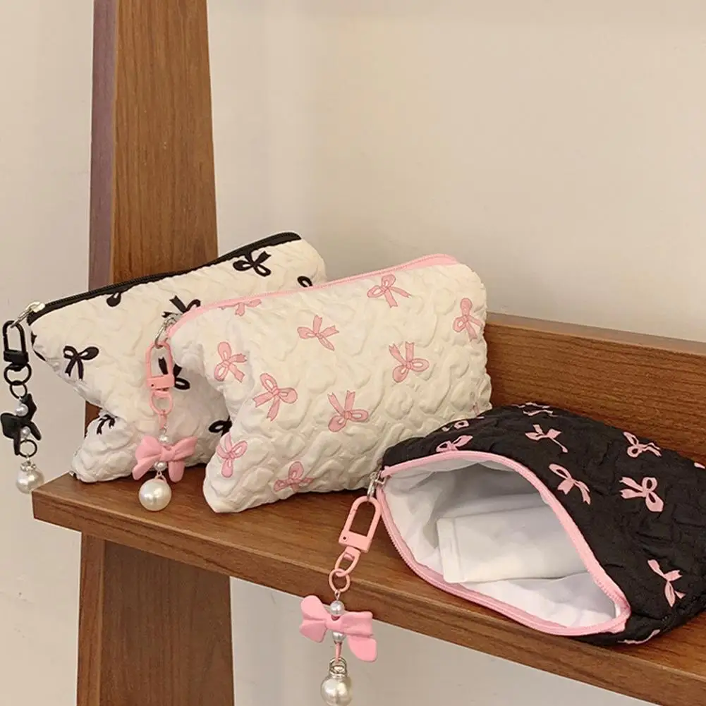 Cute Embroidered Bow Makeup Bag Large Capacity Portable Cosmetic Pouch High-End Travel Toiletry Storage Bag