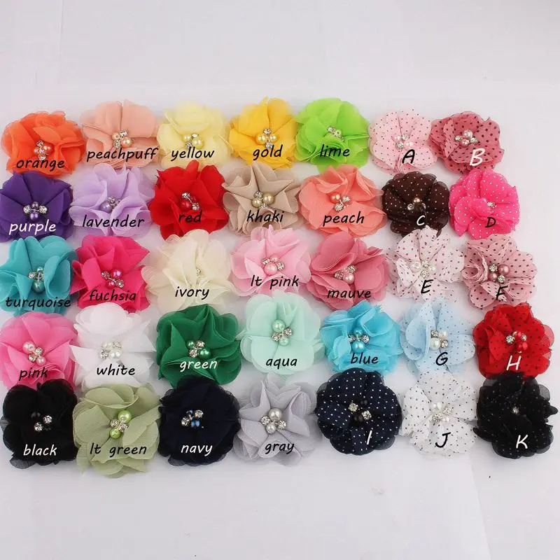 10 sztuk 2 "35 kolorów śliczne eleganckie kwiaty szyfonowe z Rhinestone perłowa tkanina kwiat do włosów z klipsami dla dziewczynek akcesoria do włosów