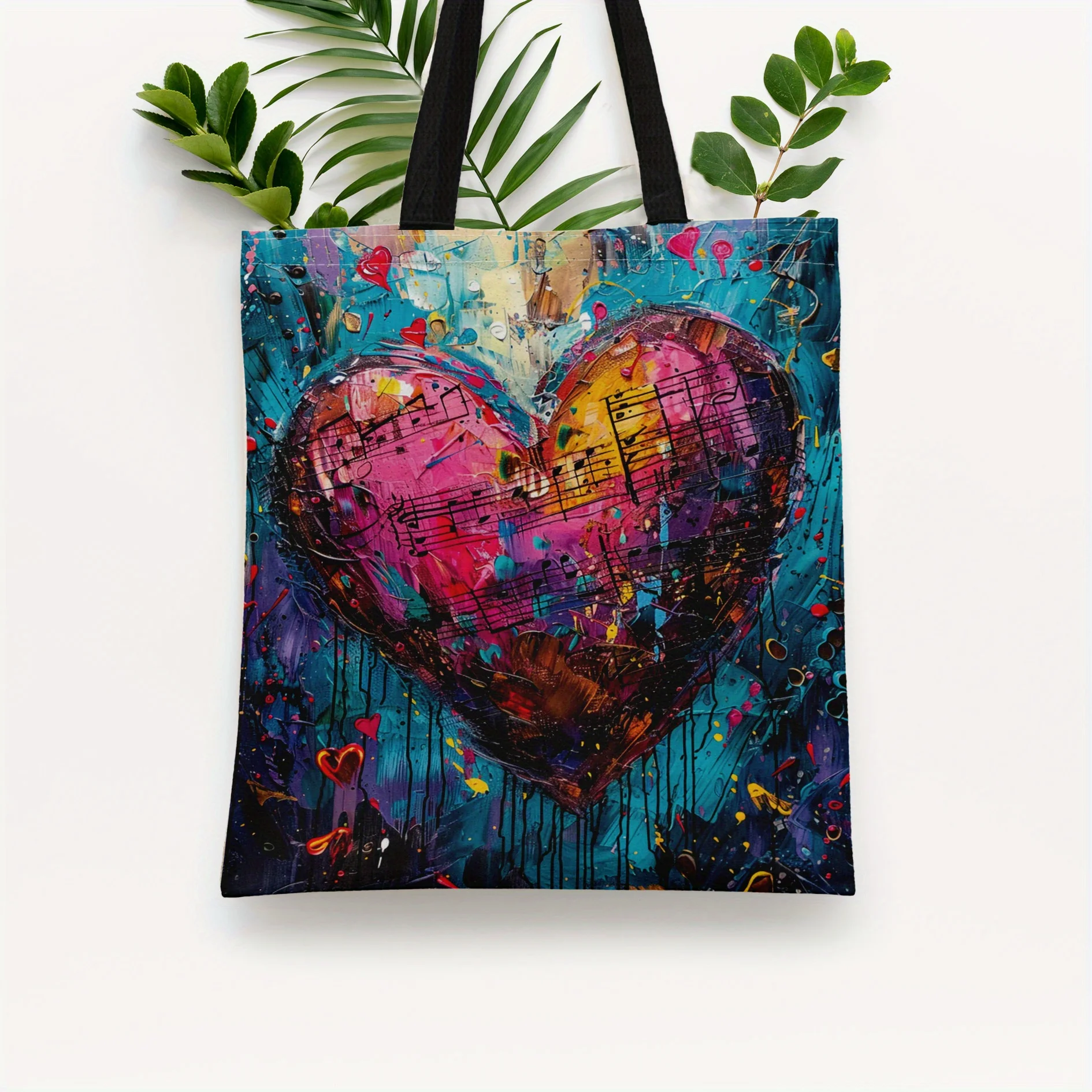 

1pc Heart Of Music Poets Pattern Canvas Tote Bag, Lightweight Grocery Shopping Bag, Fashion Large Shoulder Bag For School