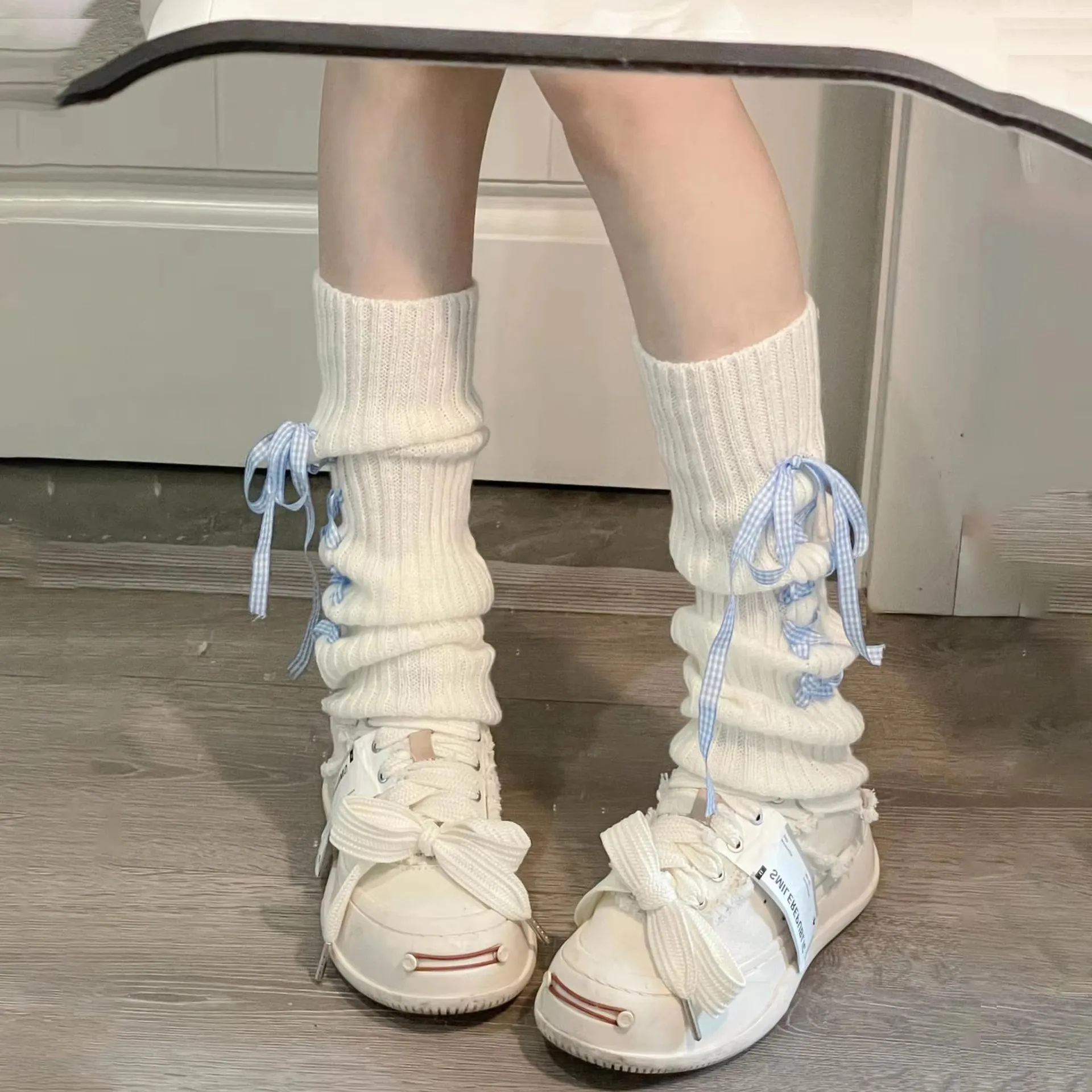 Calentadores de piernas mujer Otoño/Invierno nuevos calcetines gruesos Bowknot Lolita calentadores de piernas blancos cálidos