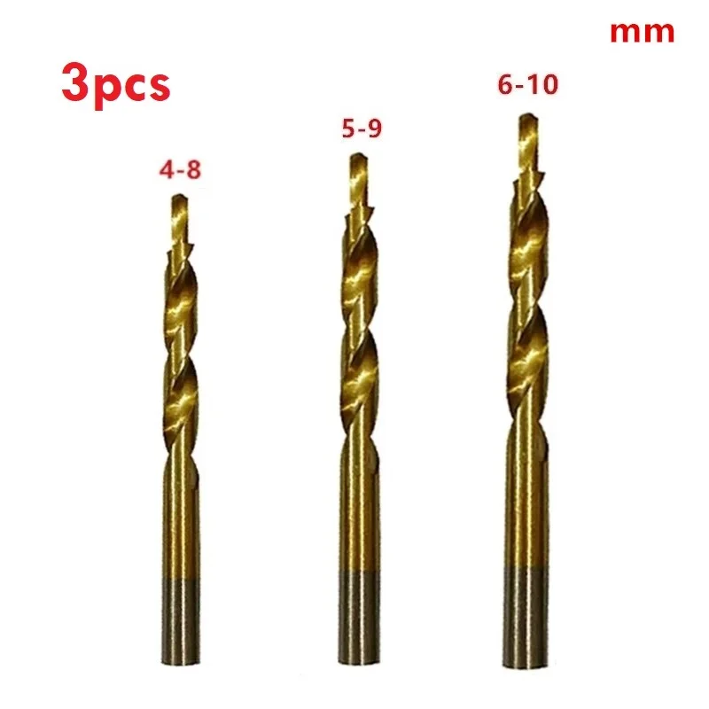 Küçük Bıçak Uzunluğu 18mm El Aletleri Matkap Uçları Matkap 3 Adet 8-4mm/9-5mm/10-6mm Altın HSS 4241 Malzeme Araçları Parçaları