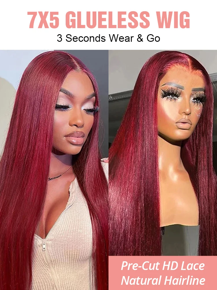 40inch 99j Burgundy Human Hair Ready to Wear 13x4 7x5 Lace Frontal Wig Preplucked Brazilian HD Transparent Straight Glueless Wig