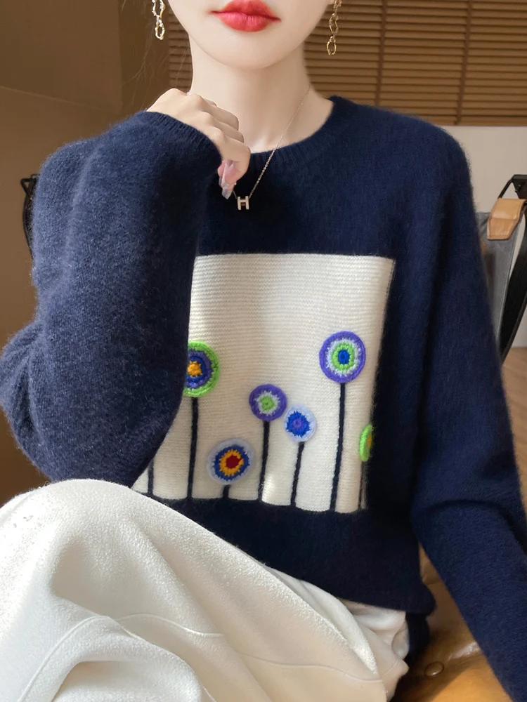 Autumn and Winter New 100% Woolen Sweater Women's Round Neck Knitted Small Flower Embroidered Hook Flower Top