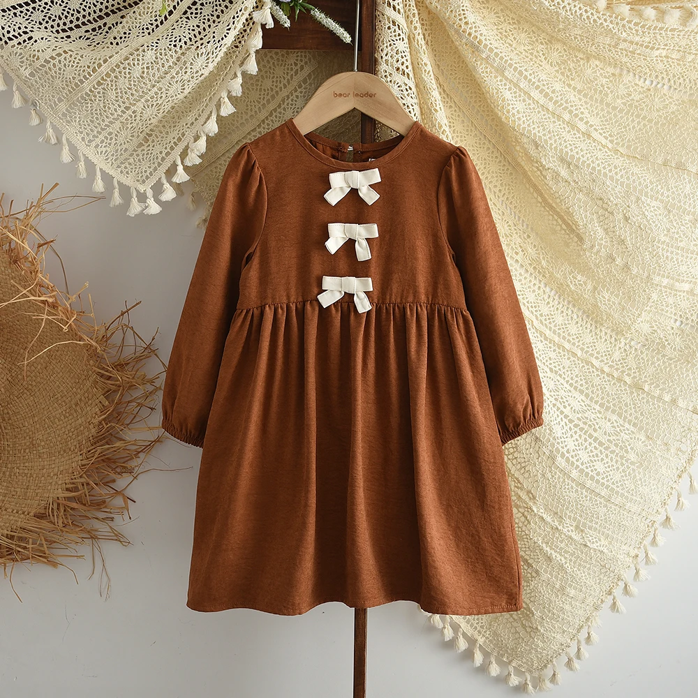 Autumn Promotion Casual Countryside Style Solid Color Bow Long Sleeved Princess Dress for Girls' Daily Wear