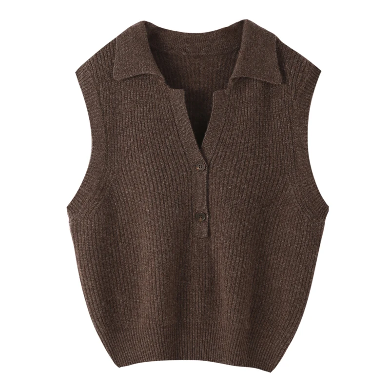 Women’s 100% Merino Wool Vest Pullover Sleeveless Sweater Turn-down Collar Buttons Knitted Cashmere Autumn Winter Chic Waistcoat