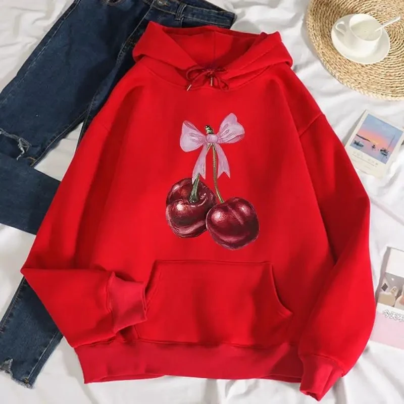 Bow Red Cherry Pattern Printing Hoodie Women Warm Hoody Trendy Casual Daily Hooded Autumn Loose Woman High Quality Aesthetic Top