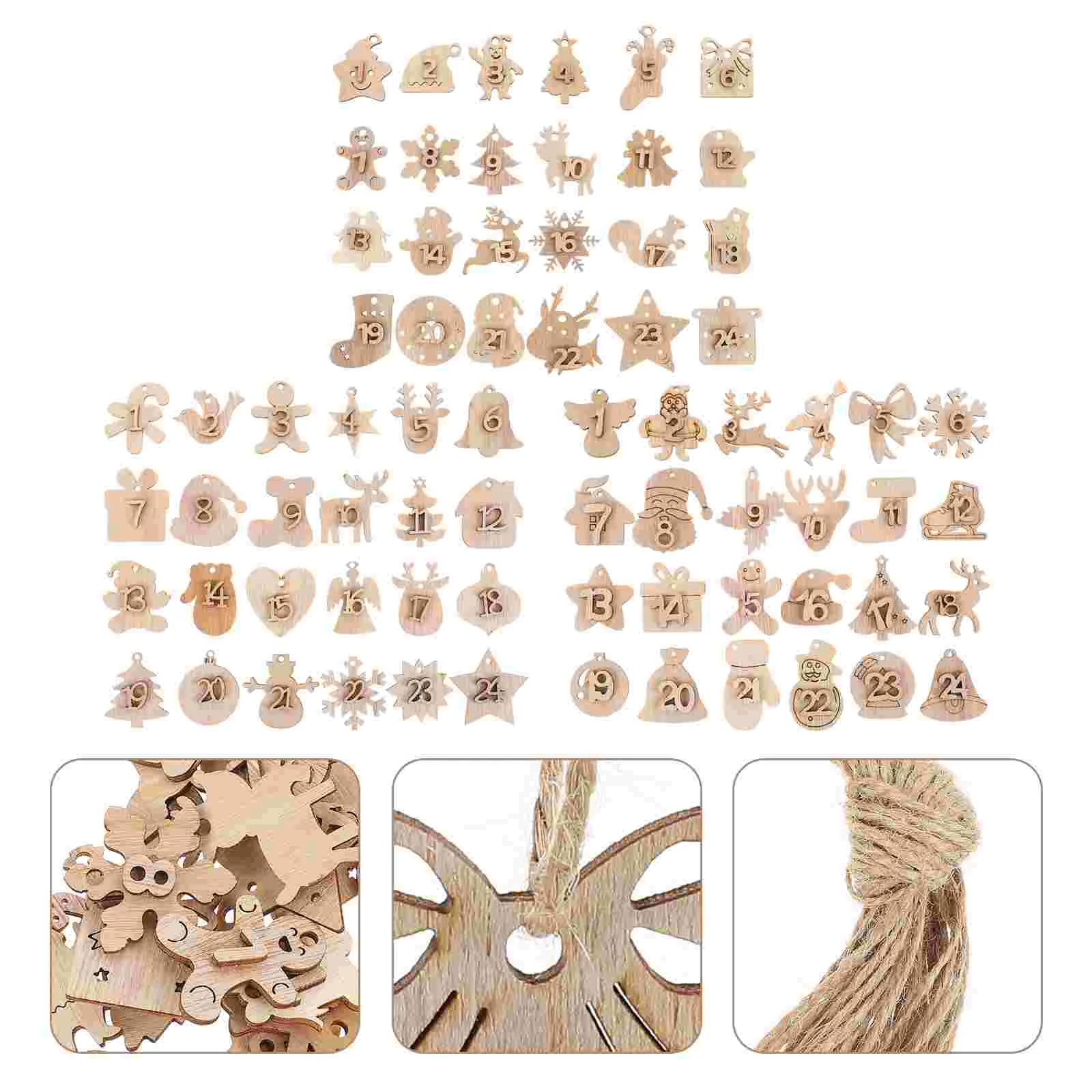 72 Pcs Holiday Tree Decoration Wood Chip Figures Xmas Hanging Pendant European and American Christmas Advent Calendar Numbers