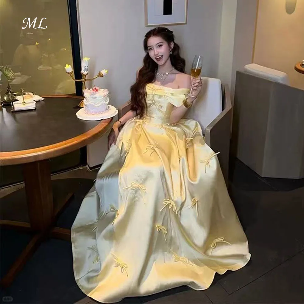 ML Stunning Bow Appliques Wedding Party Dress Off Shoulder Floor Length Korea Photo shoot Birthday Prom Gown Customized 2026