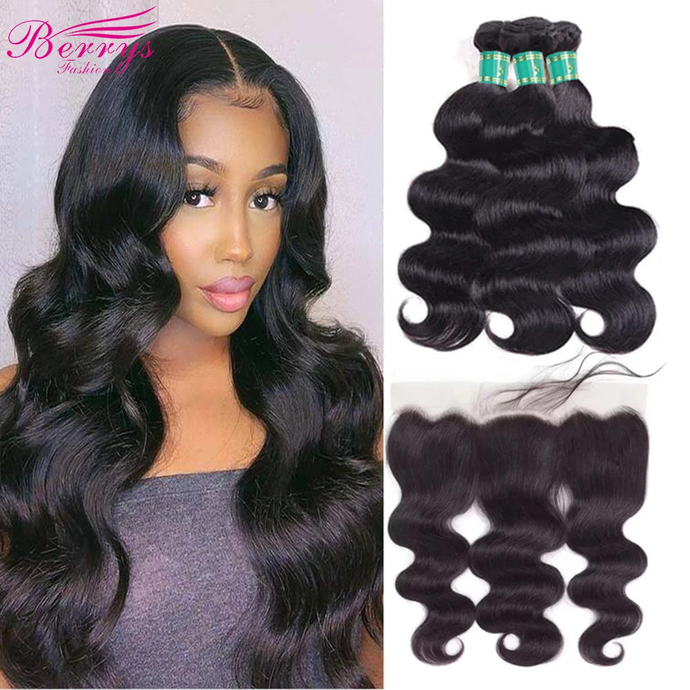 

Berrys Fashion Body Wave Hair Bundles With Frontal Human Hair Brazilian Hair Weaving With 13X4/13X6 Lace Frontal Hair Extensions