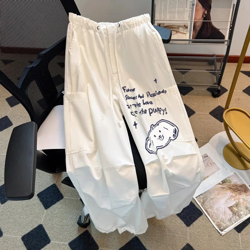 

American Sle Casual Cartoon Work Pants Loose Fit Men Women Summer Lazy Sle Straight Leg Long Pants Versatile High Waist E...