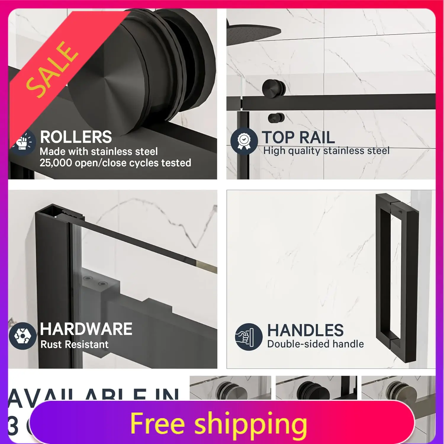 

Semi-Frameless Sliding Shower Door – 56-60” x 75”, Tempered Glass Shower Door, Corrosion Resistant Hardware, Smooth Glide Roller