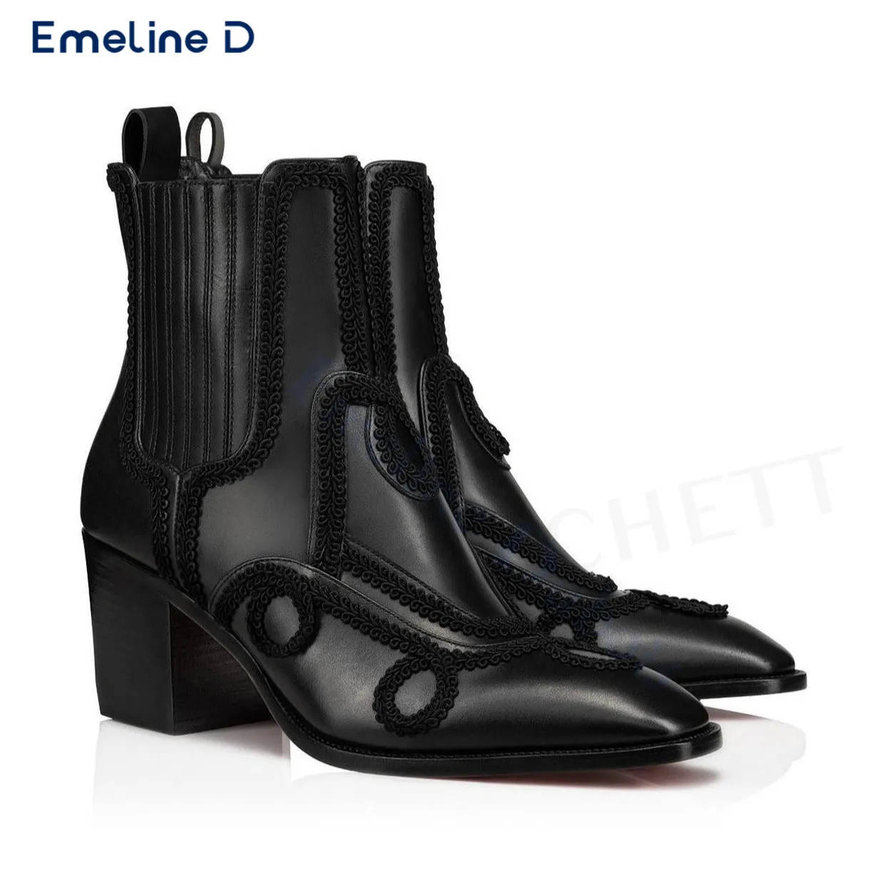 Black Line Irregular Pattern Leather Boots Pull-On Thick High Heel Black and Calf Boots Fashion Designer Casual Business Boots