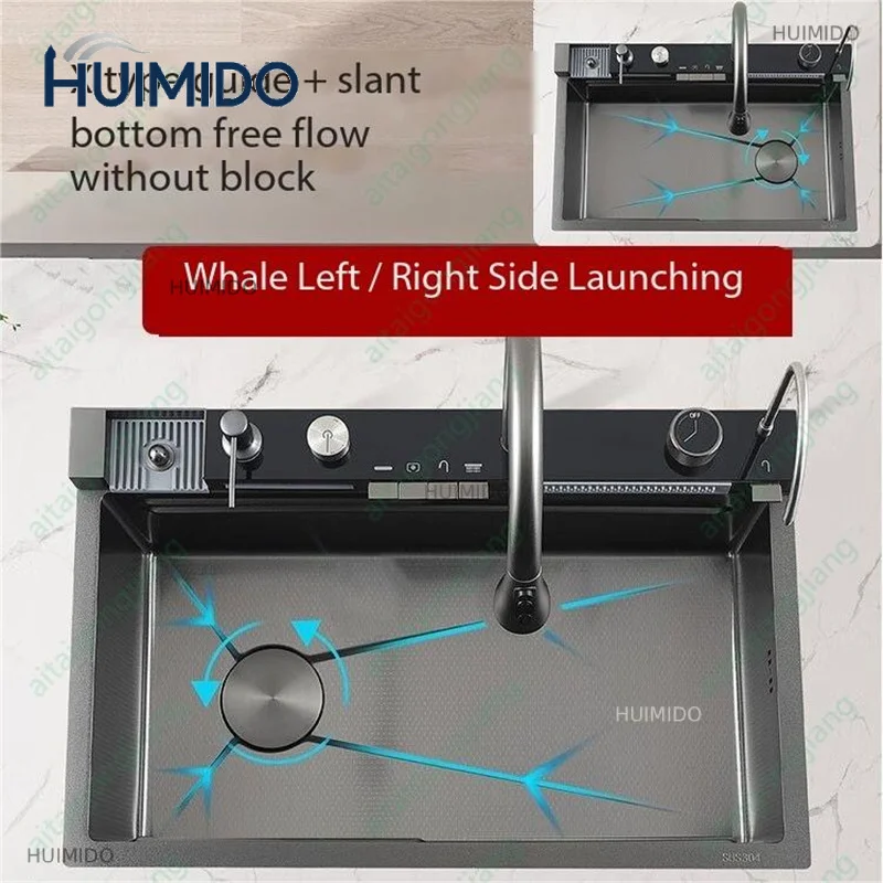 5.0MM Double Waterfall Sink Embossed Stainless Steel Kitchen Sink Large Single Slot Digital Display Wash Basin Dishwashing Pond
