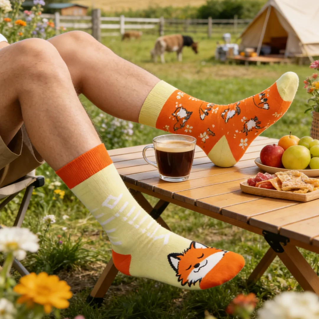 

1 пара носков до середины икры с дизайном AB и рисунком лисы, стильные и оригинальные.