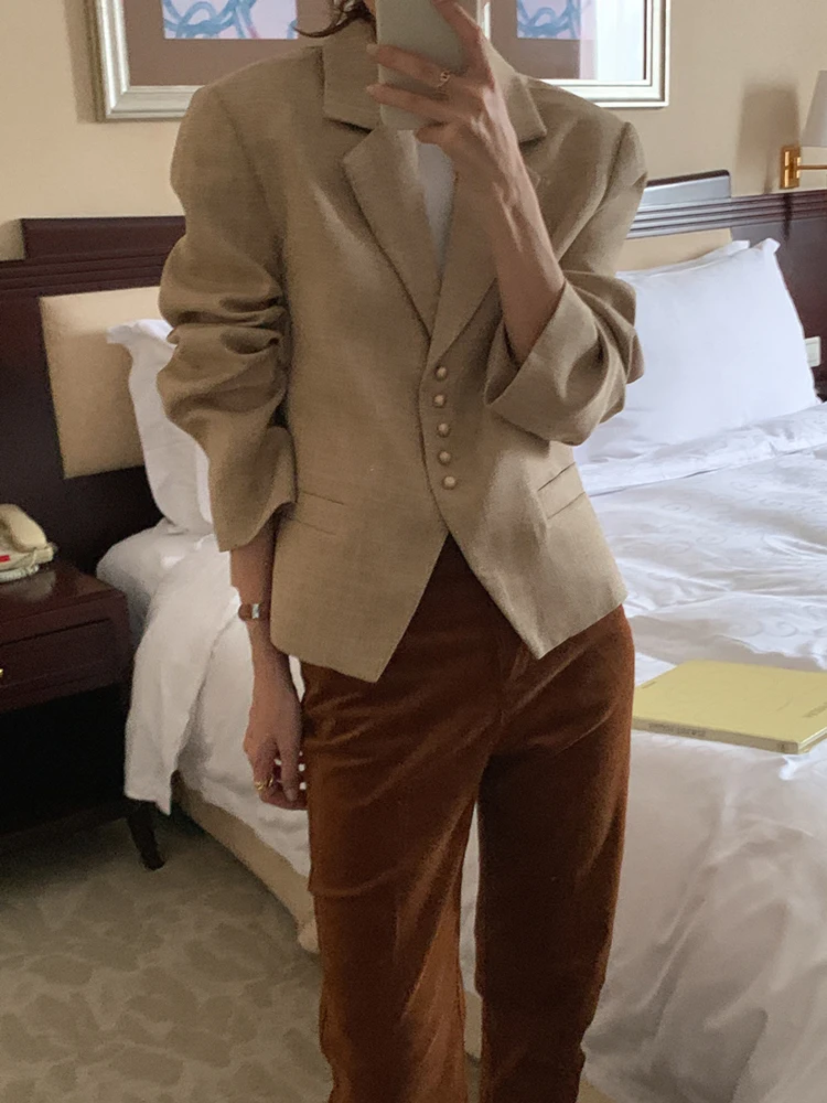 

Retro Ele ort Single-Button Long Sve Women's Suit Jaet Faionable Commute Sle Pure Color Autumn Top