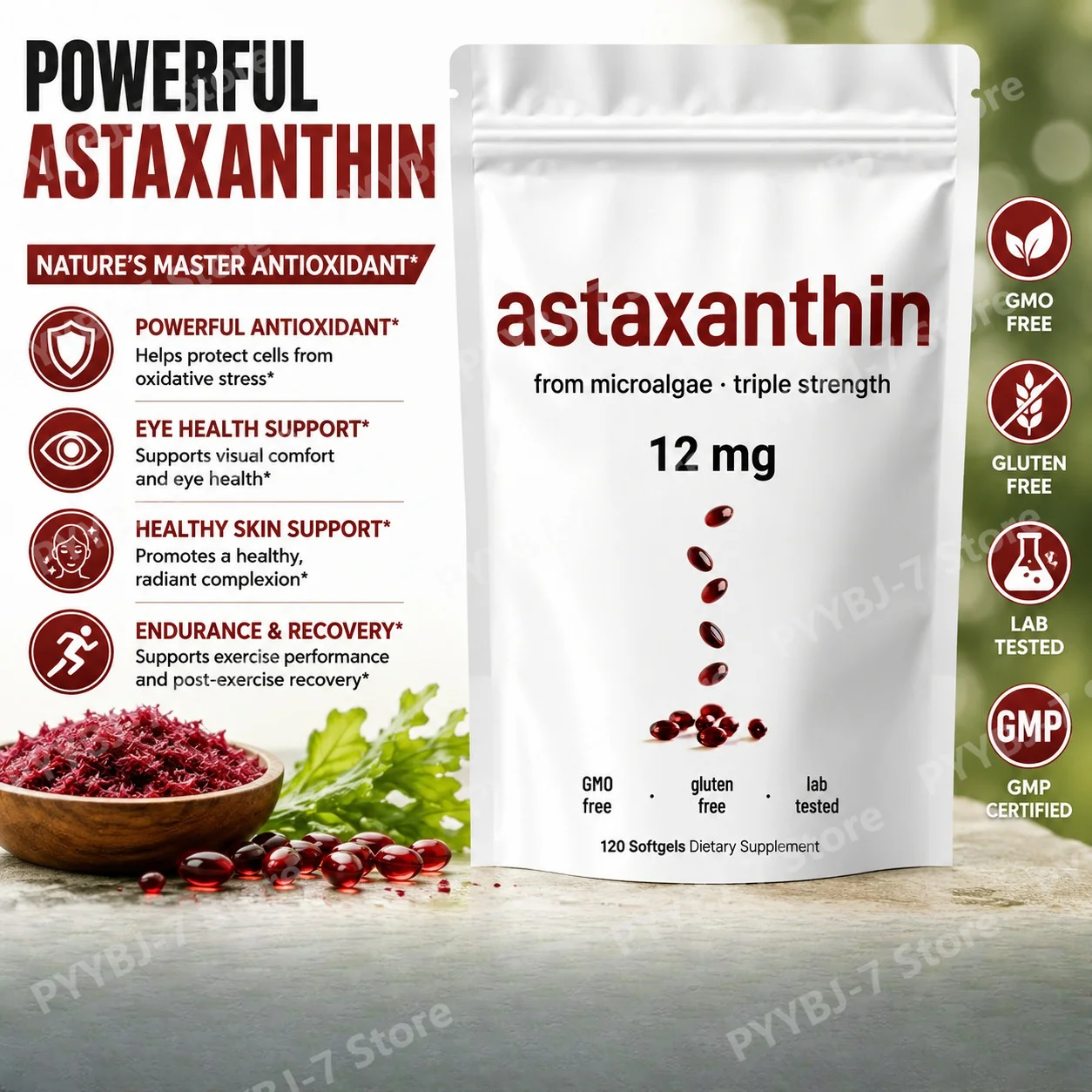 Astaxanthin 12mg Softgels with MCT Oil, Microalgae Source, 120 Servings Daily Wellness Support Supplement