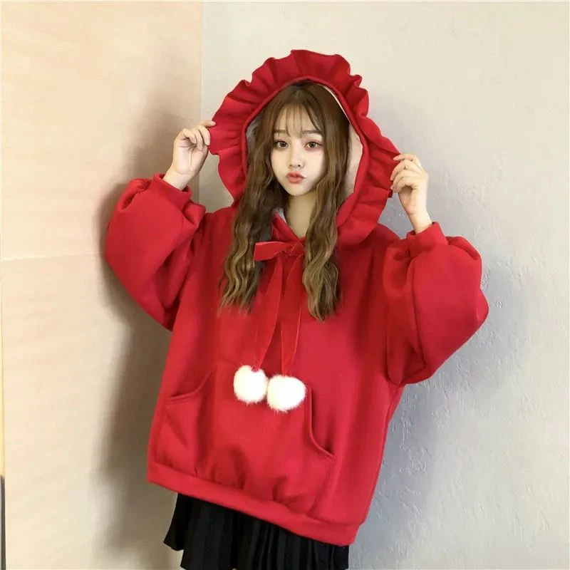 Winter Christmas Women Long Sleeve Hooded Sweatshirt Cute Sweet Fairycore Loose Fashion All-match Oversized Clothes New Year Red