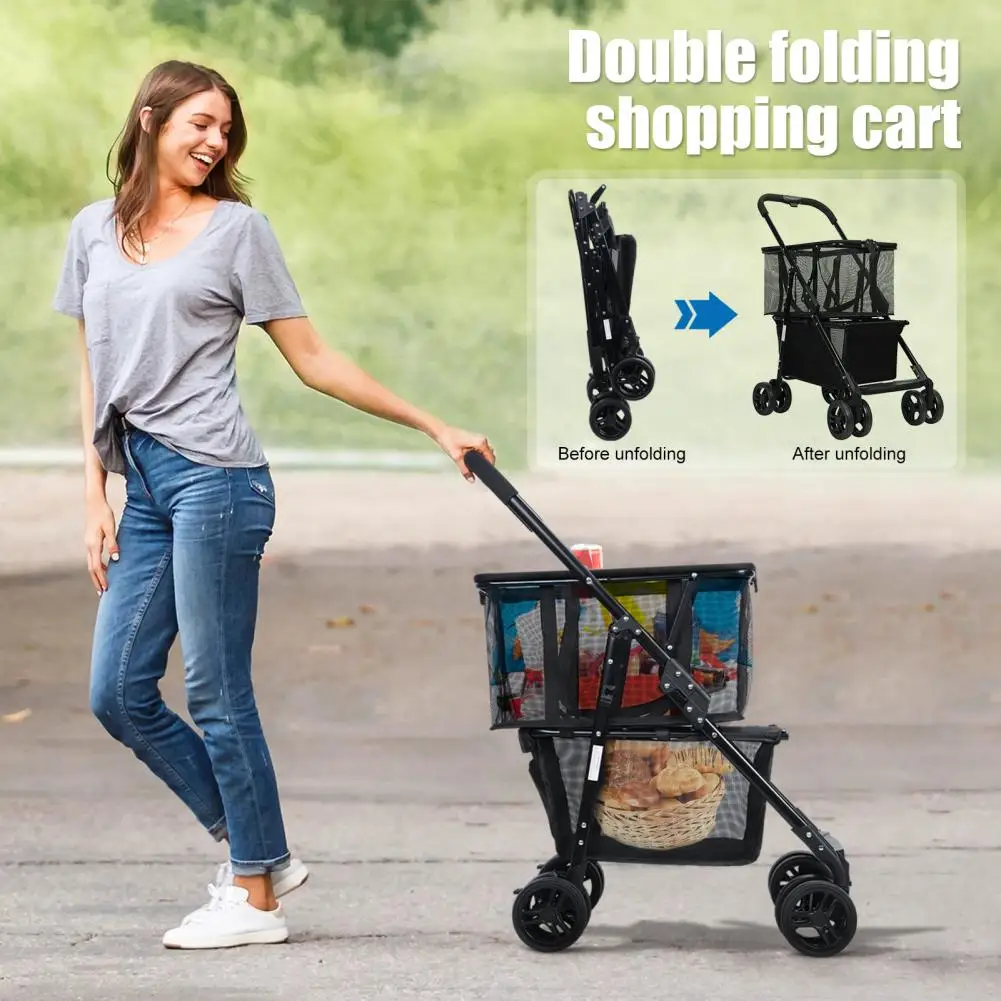 Shopping Cart, Large Capacity Collapsible Utility Trolley Cart, Double Layer Breathable Mesh Detachable Carry Bag With Wheels