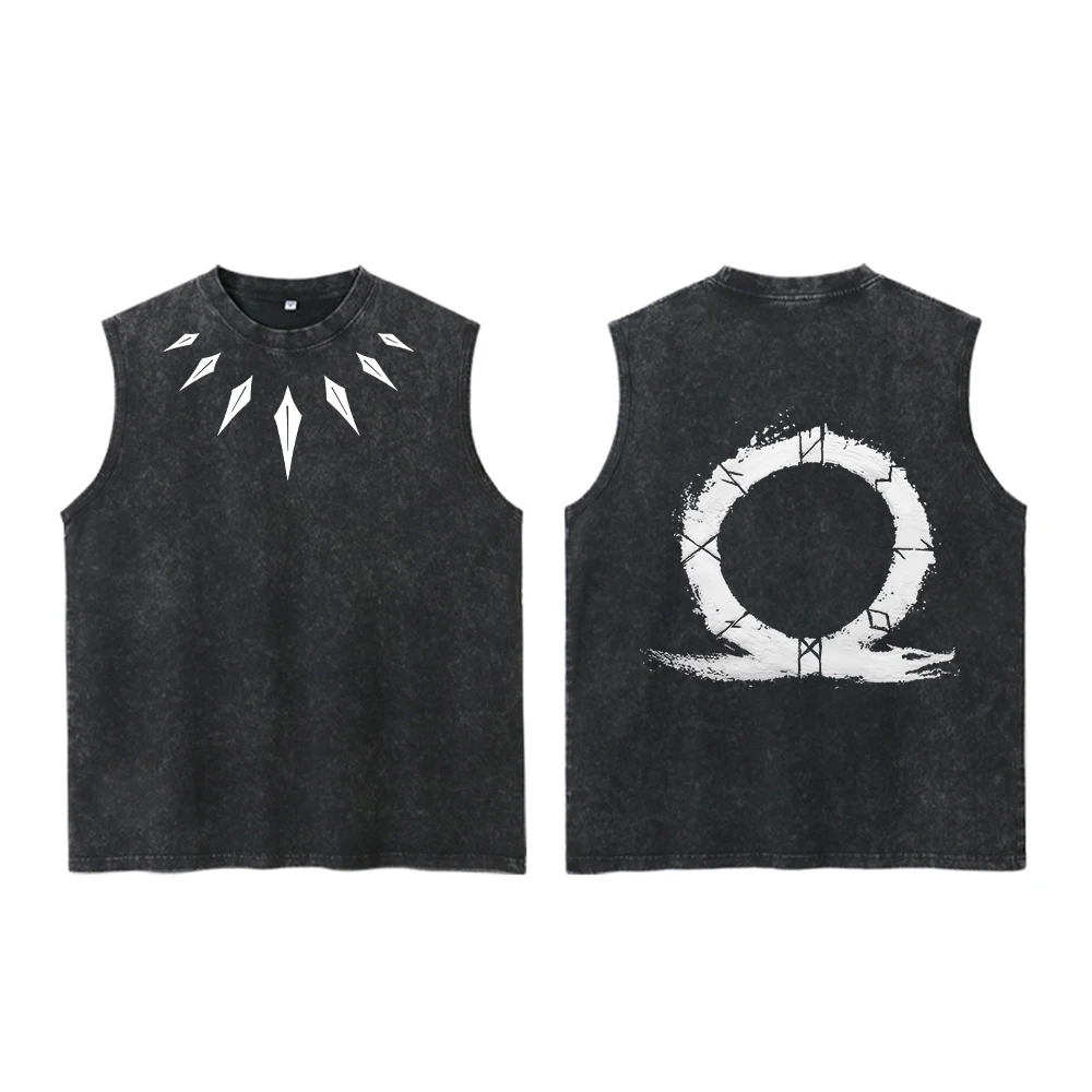 Men's Vintage Washed Vest Stylish Pure Cotton Printed Round Neck Sleeveless Top Summer Trendy Casual Loose Everyday Wear