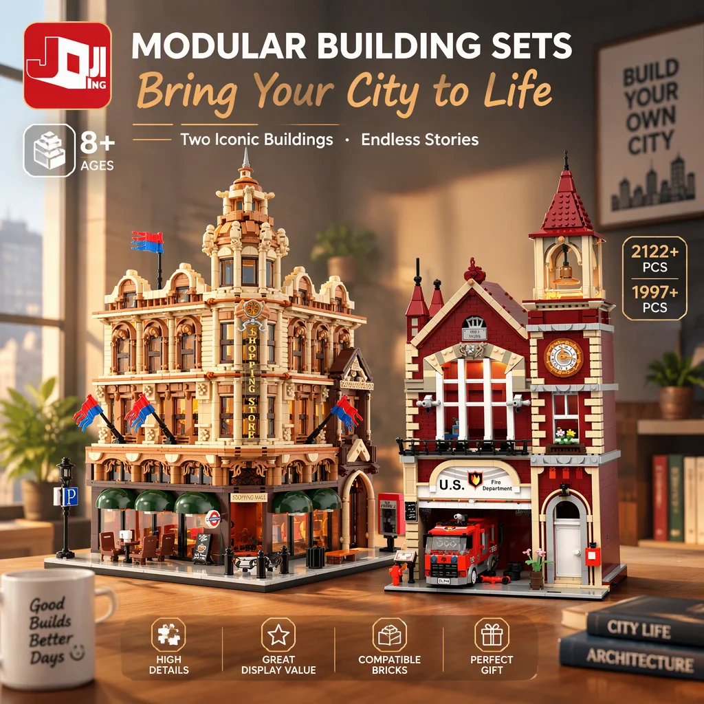 Creative European Retro Modular Building Blocks Set City Street View Banks & Fire Departments Model Bricks Puzzle Toy Adult Gift