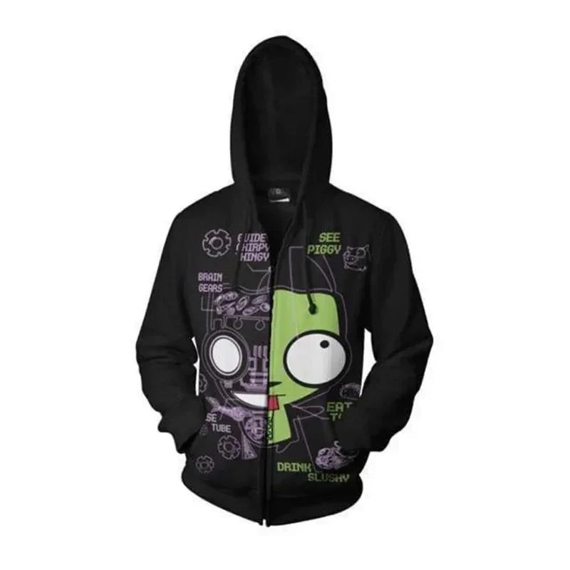 ♡ Sudadera con Capucha de Halloween Cosplay Anime Invader Alien Robot Zim, Abrigo con Estampado Digital 3D, Chaqueta Casual con Cremallera, Novedad 2026, Disfraz