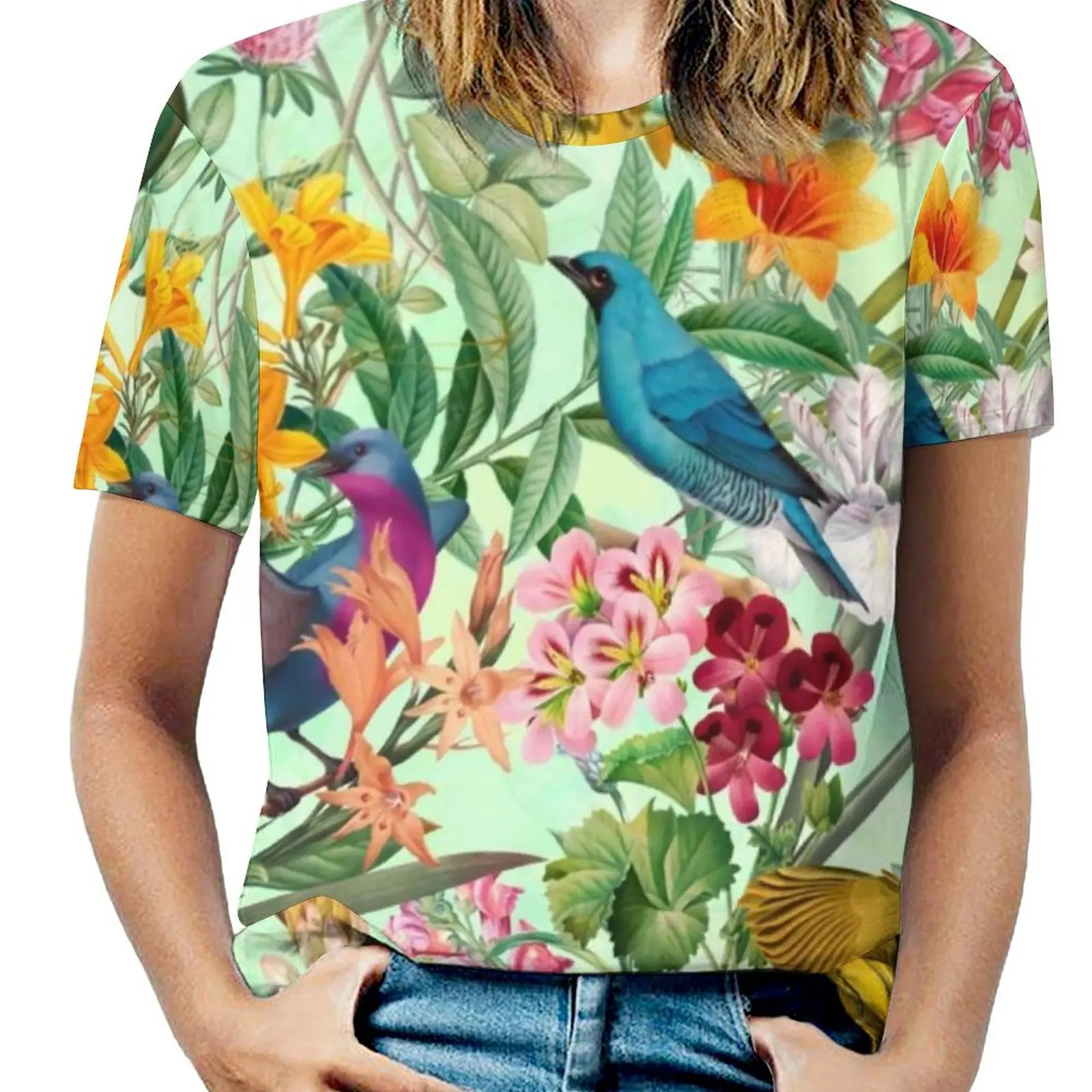 Women T Shirt Colorful Birds Print O Neck T Shirts Short-Sleeve Tropical Paradise Floral Kawaii Design Tshirt Classic Top Tees