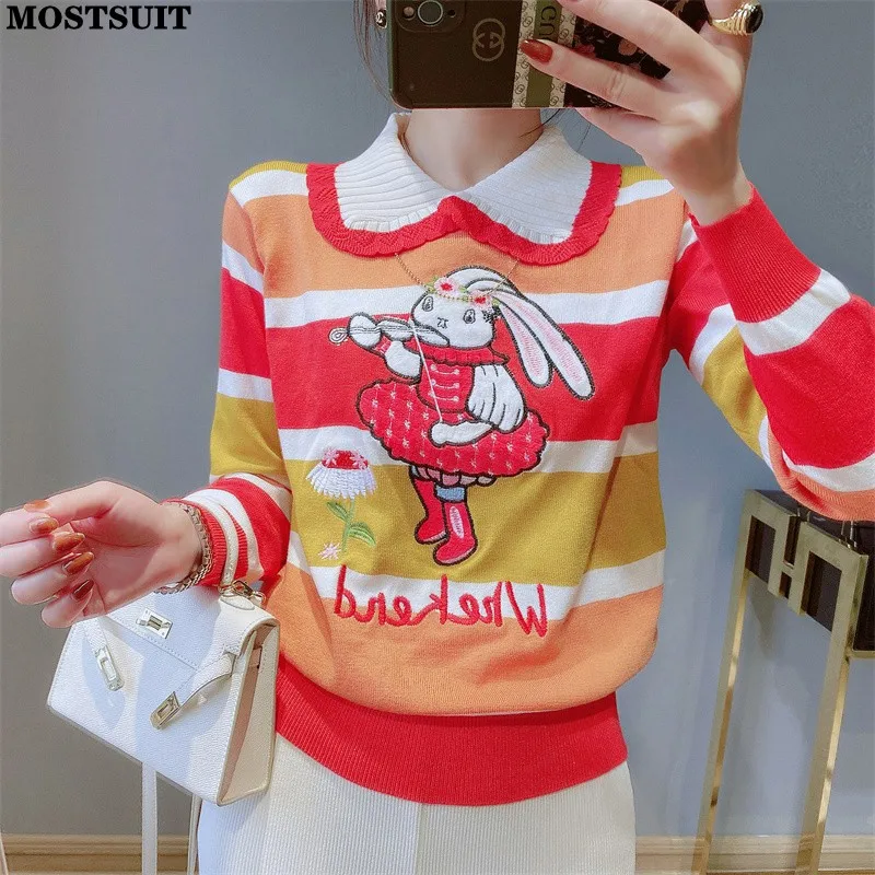 Bunny Embroidered Stylish Sweatr Women Striped Knitted Pullover Jumpers Long Sleeve Contrast Color Fashion Chic Vintage Knitwear