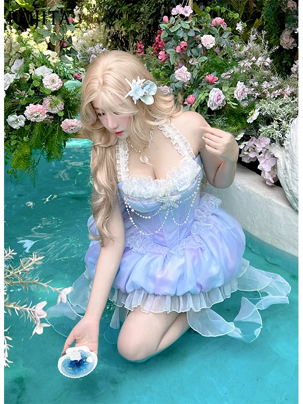 2026 Jellyfish Bud Skirt Beach Atmosphere Summer Vacation Island Style Sexy Halter Neck Slimming Elegant Fairy Style Short Dress
