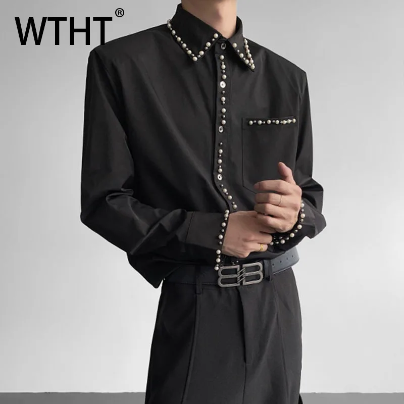 

WTHT модные мужские рубашки с прочным жемчужным дизайном, модные осенние свободные топы с отложным воротником 2023, мужские 2A1787