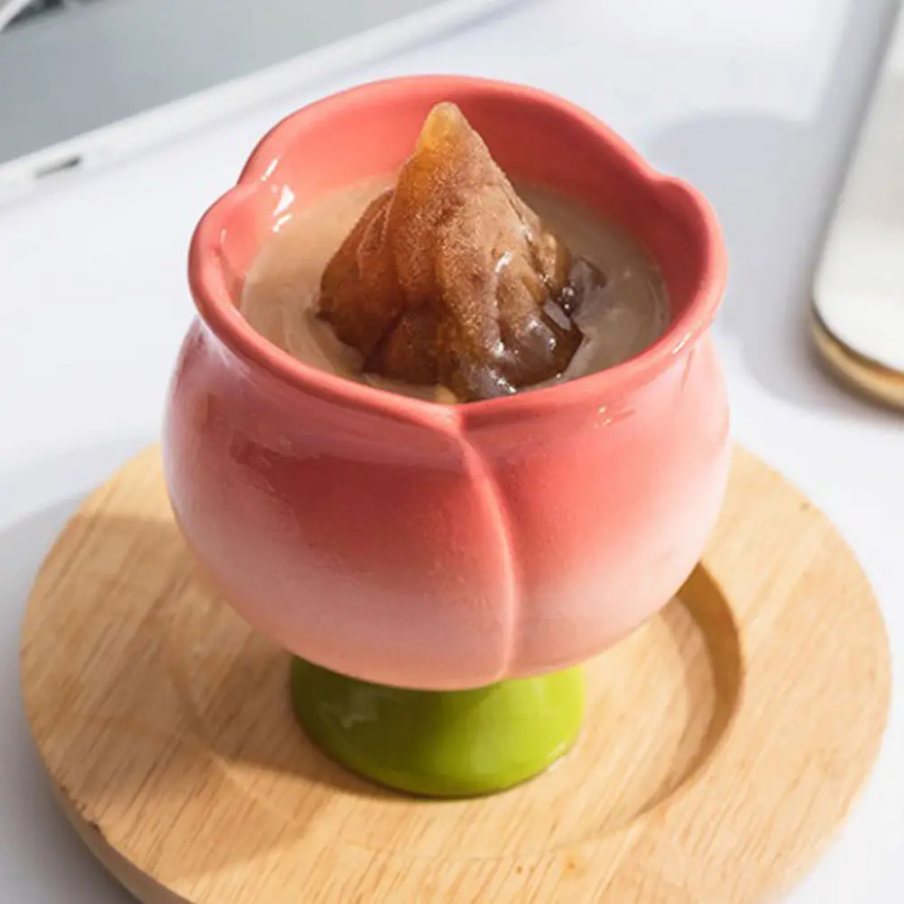 Ceramic Tulip Ice Cream Serving Cup Elegant Floral Pattern Highfoot Design Multifunctional Mug for Dessert Holder Latte