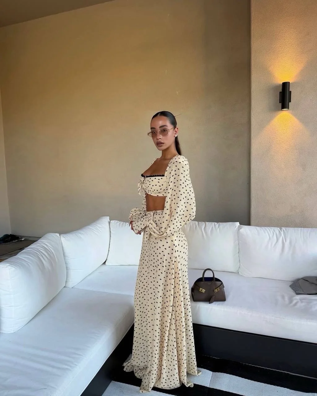 2026 Polka Dot Tank Top Skirt Women Set Beach Long Lantern Sleeve Tops A-line Trumpet Skirts Suit 2026 Spring Summer Lady Outfit