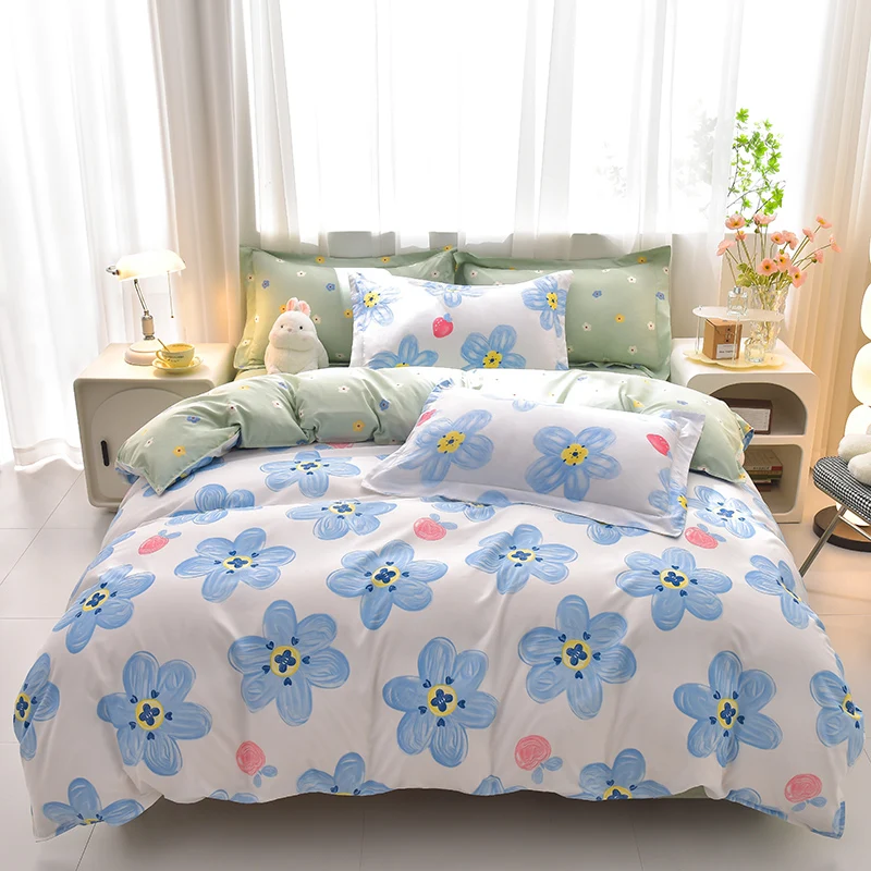 4Pcs Big Blue Floral Bedding Set Soft Microfiber Duvet Cover Bed Sheets Pillowcases Large Flower Print Pastoral Home Decor