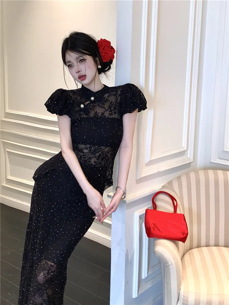 

New Chinese Style Black 2 Pieces Sets Women Fashion Puff Sleeve Stand Collar Lace Shirt&Long Pencil Skirt 2pc Chipao Dress Suit