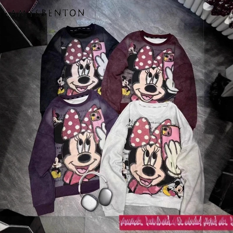 

2025 Trendy Fashion Winter New Large Loose Kawaii Hoodies Heavy Industry Cartoon Patchwork Fleece Warm Sweatshirt Pullover Coat