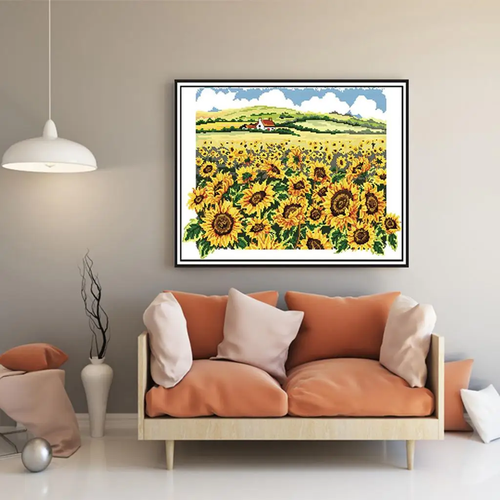 Sunflower Stamped Cross Stitch Kit Cotton Thread Counted Embroidery Package for Holiday Gift Crafting